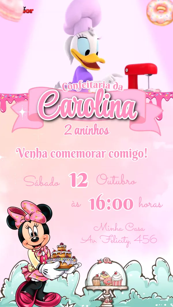 Convite Aniversário Minnie confeitaria Para Editar Online