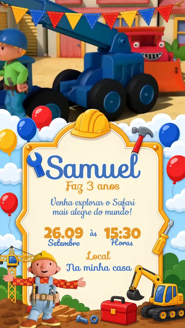 Convite Animado Aniversário Bob o Trator Para Editar Online
