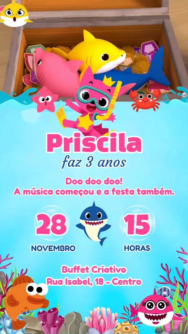 Convite Animado Aniversário Baby Shark Tesouro Para Editar Online