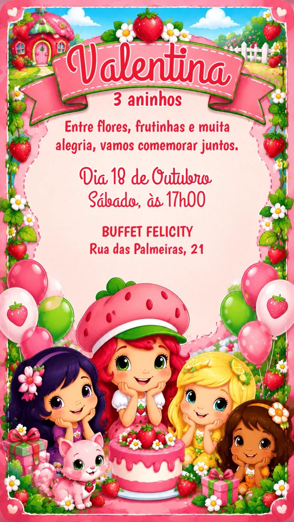 Convite Aniversário Moranguinho Amigas Para Editar Online
