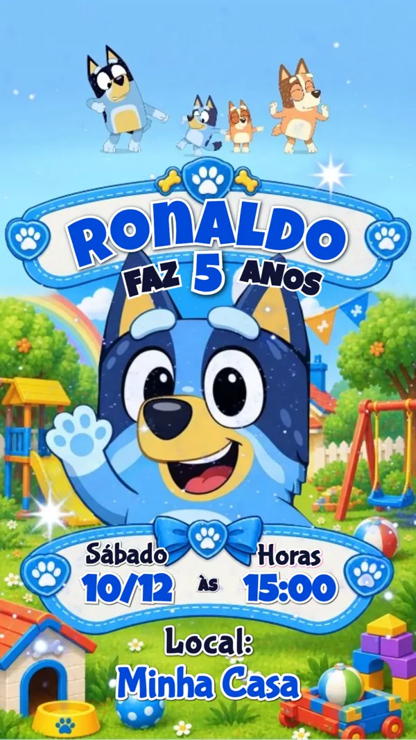 Convite Animado Aniversário Bluey Menino Azul Para Editar Online