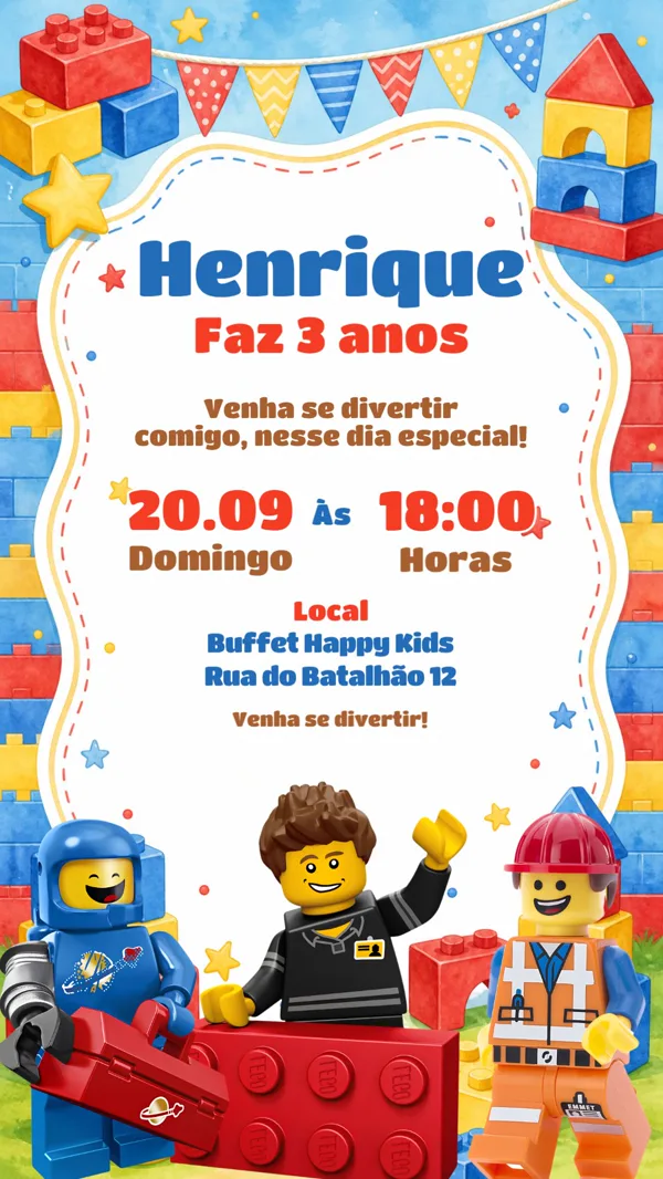 Convite Aniversário LEGO Blocos Coloridos Para Editar Online