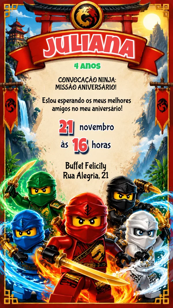 Convite Aniversário Lego Ninjago Dragão Para Editar Online