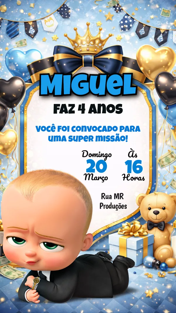 Convite Aniversário Poderoso Chefinho Azul Para Editar Online