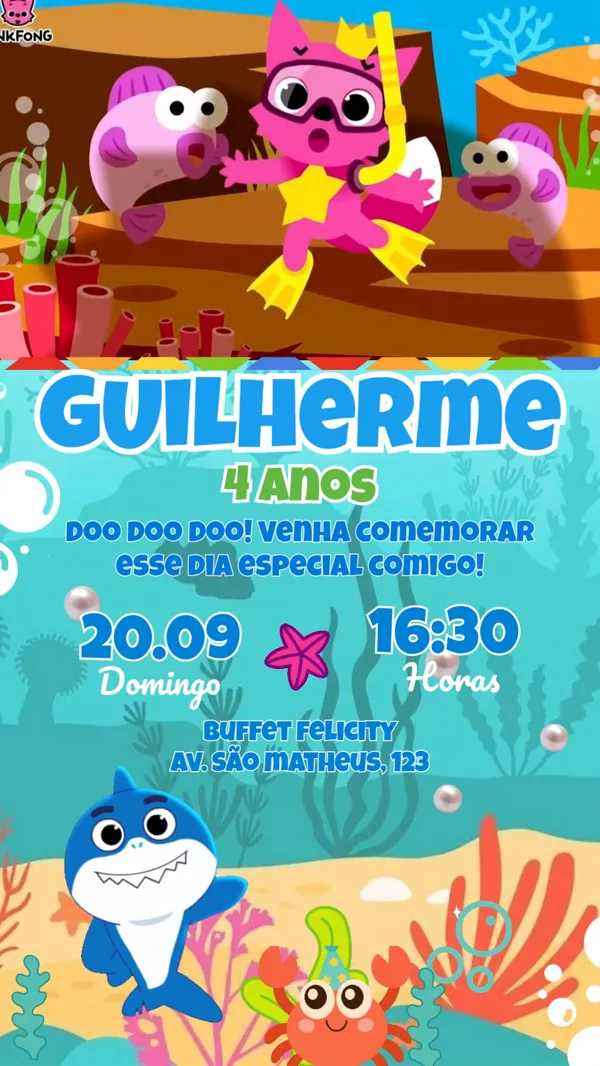Convite Animado Aniversário Baby Shark Azul Para Editar Online