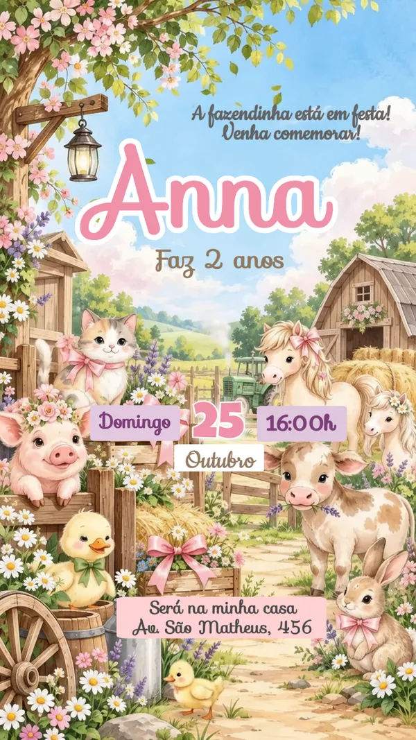 Convite Animado Aniversário Fazendinha Rosa Para Editar Online