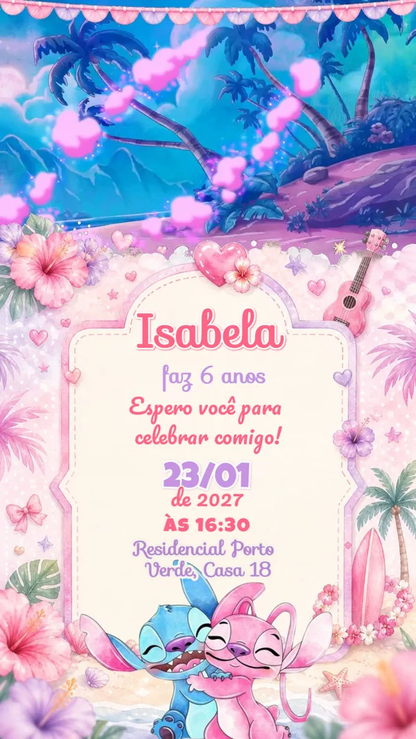 Convite Animado Aniversário Stitch e Rosa Para Editar Online