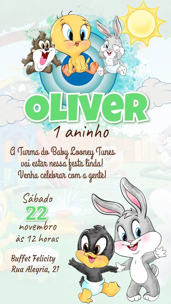 Convite Aniversário Baby Looney Tunes Piu-Piu Para Editar Online