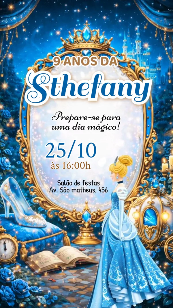Convite Animado Aniversário Cinderela Espelho Para Editar Online