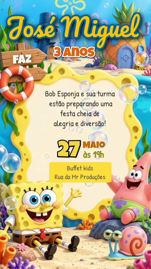 Convite Animado Aniversário Bob Esponja e Patrick Para Editar Online