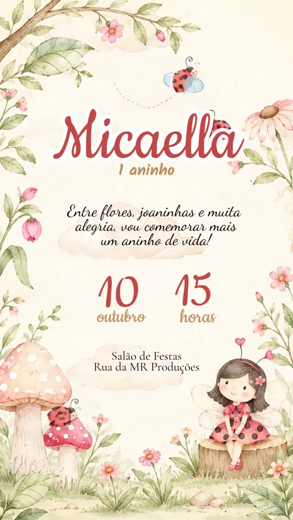 Convite Animado Aniversário Joaninha Jardim Floral Para Editar Online