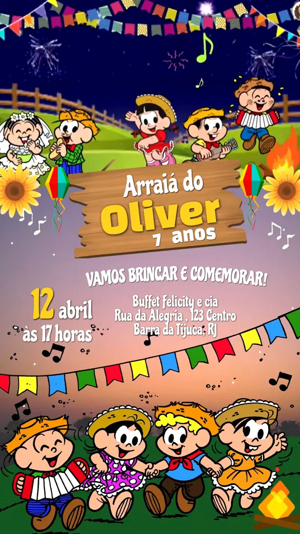 Convite Animado Aniversário Festa Junina Turma da Para Editar Online