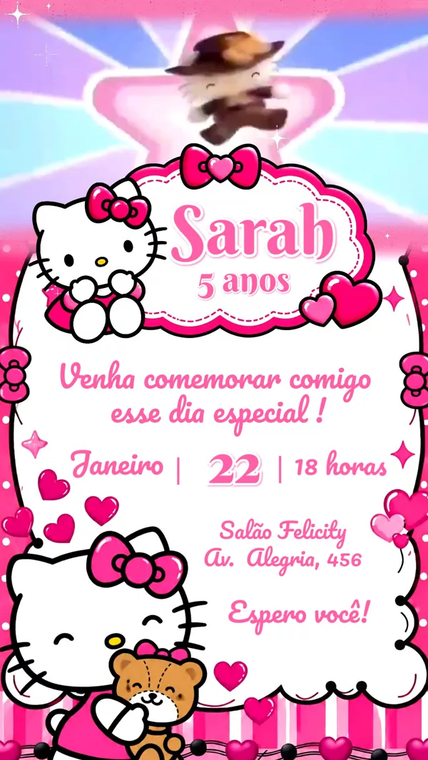 Convite Animado Aniversário Hello Kitty Rosa Para Editar Online