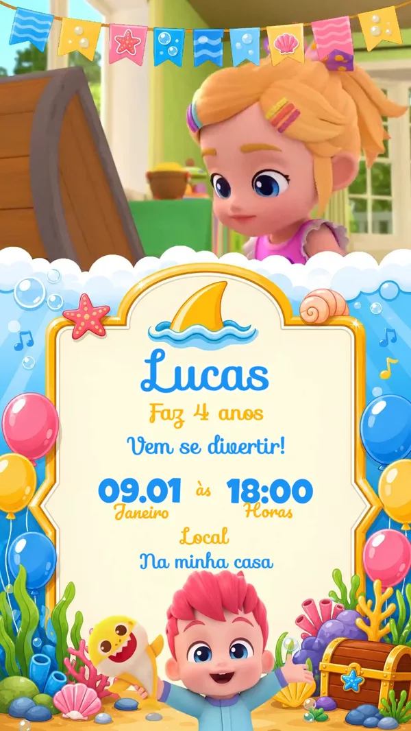 Convite Animado Aniversário Baby Shark Fundo Mar Para Editar Online