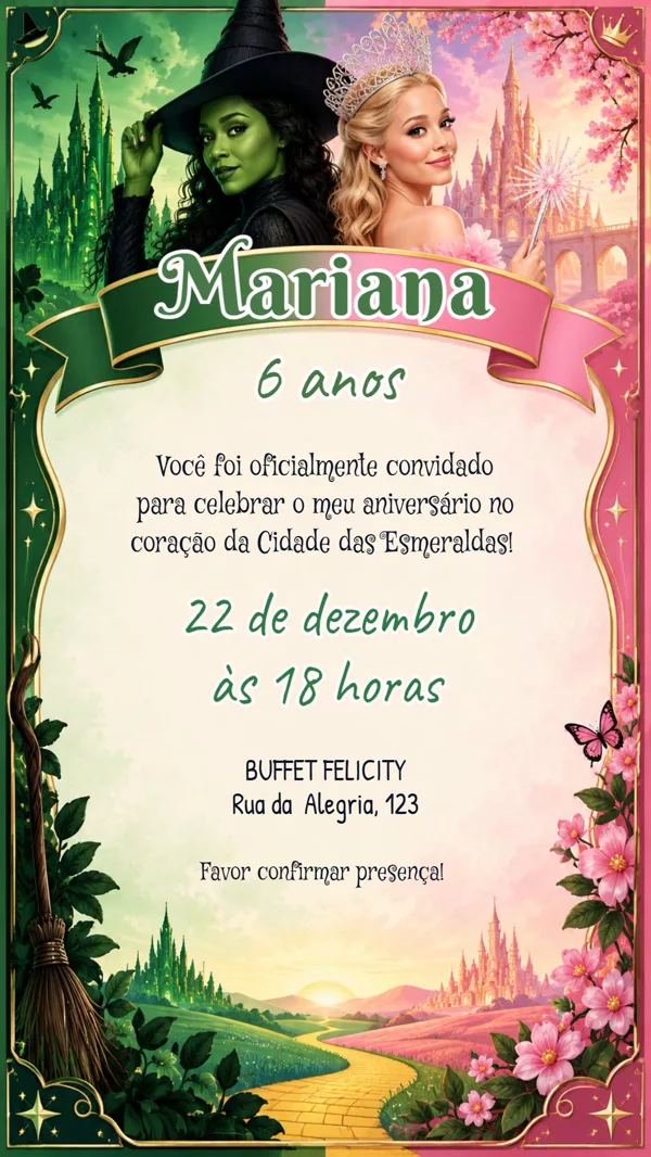 Convite Aniversário Wicked Verde e Rosa Para Editar Online