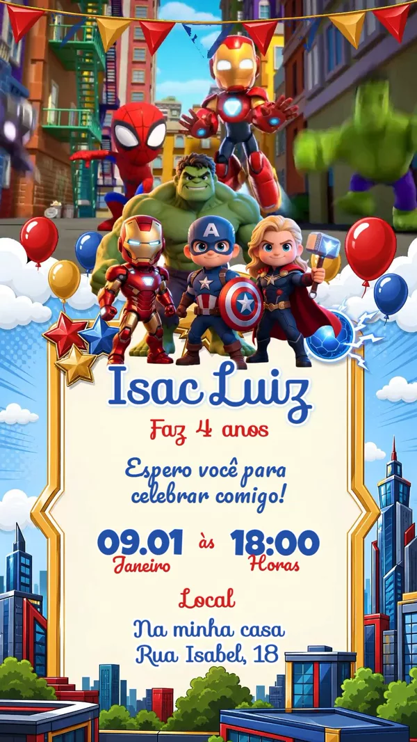 Convite Animado Aniversário Vingadores Mini Heróis Para Editar Online