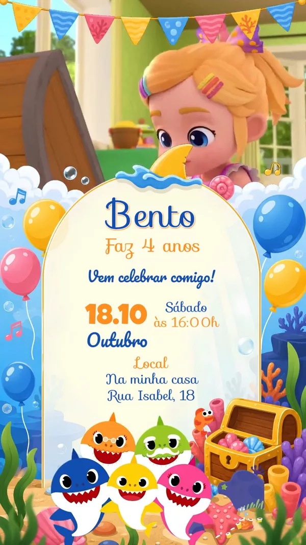 Convite Animado Aniversário Baby Shark do Mar Para Editar Online