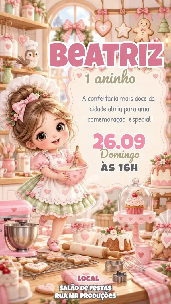 Convite Animado Aniversário Confeitaria Rosa Para Editar Online