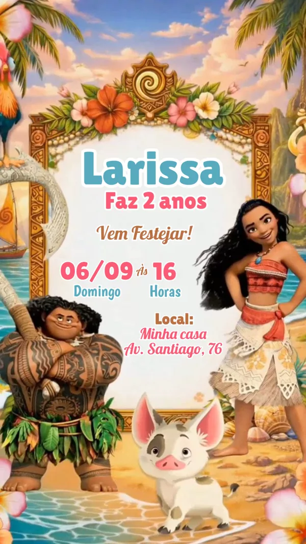 Convite Animado Aniversário Moana Praia Para Editar Online