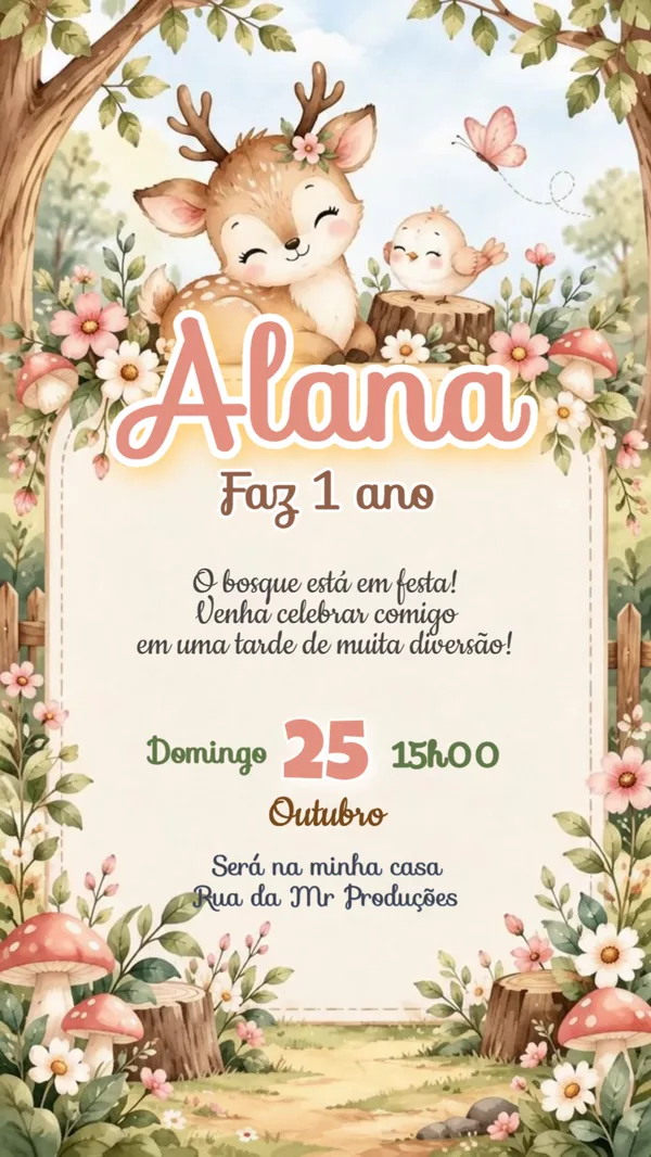 Convite Animado Aniversário Bosque Encantado Para Editar Online
