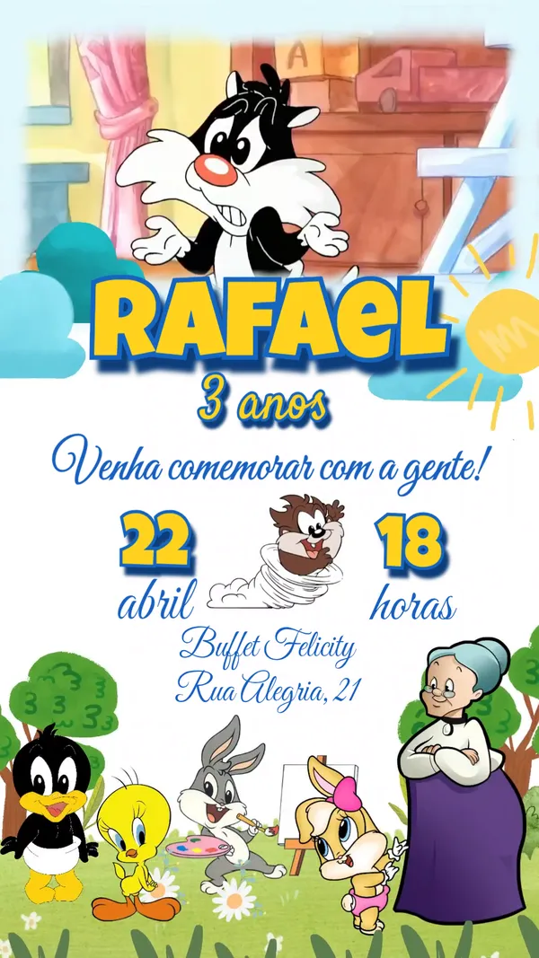 Convite Animado Aniversário Baby Looney Tunes Azul Para Editar Online