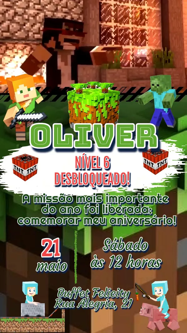 Convite Animado Aniversário Minecraft TNT Nível Para Editar Online