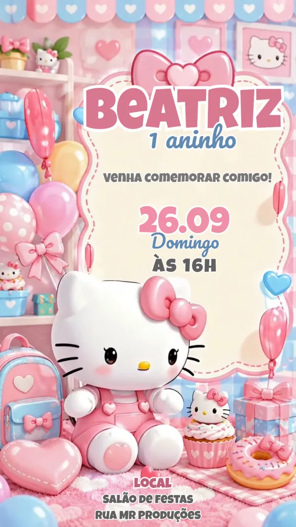 Convite Animado Aniversário Hello Kitty Coração Para Editar Online