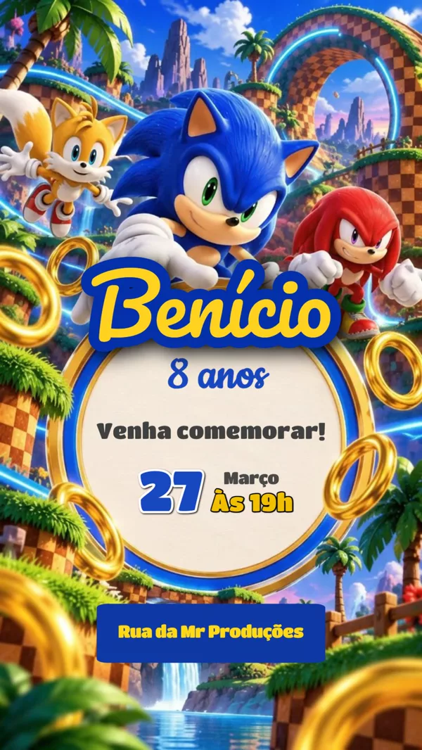 Convite Aniversário Sonic Para Editar Online