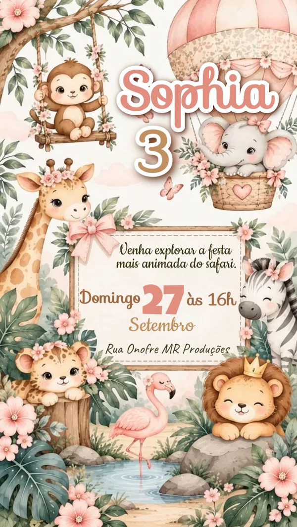 Convite Animado Aniversário Safari Menina Para Editar Online