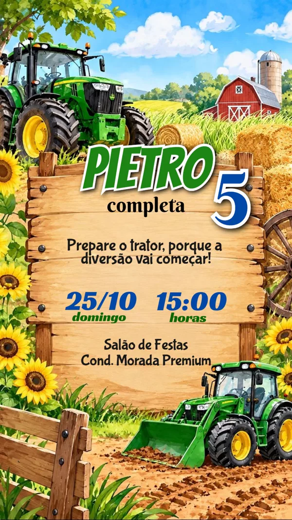 Convite Animado Aniversário John Deere Trator Para Editar Online