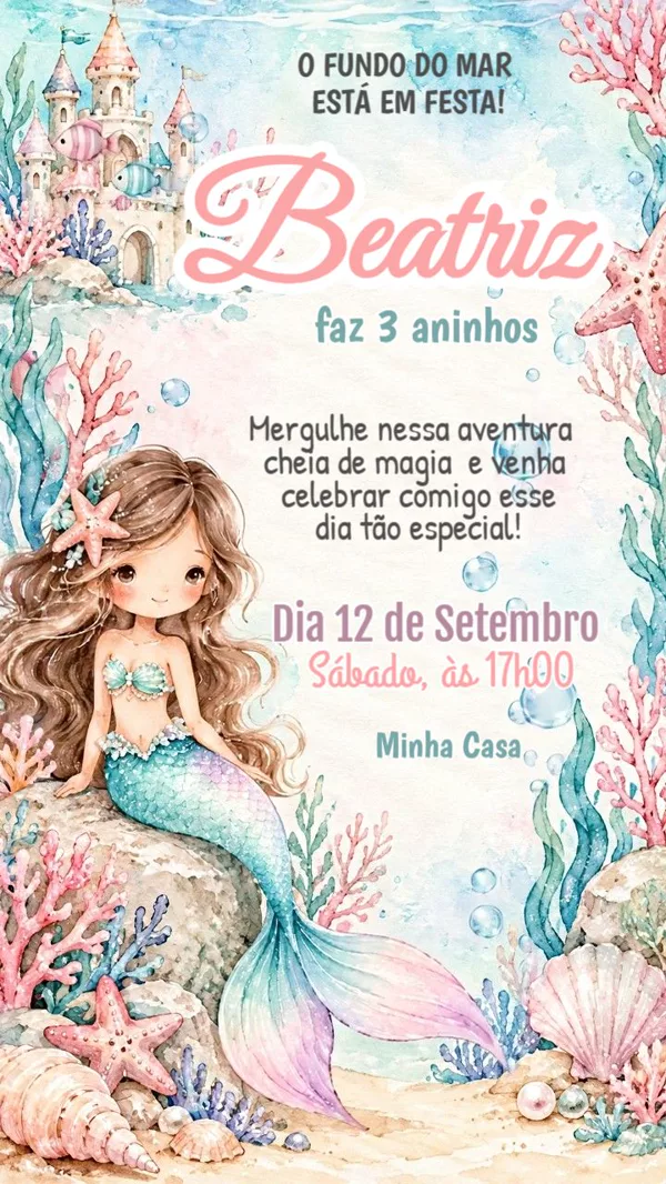 Convite Animado Aniversário Sereia Castelo Para Editar Online