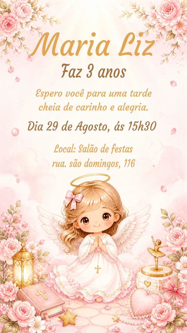 Convite Aniversário Anjinha Rosa Para Editar Online