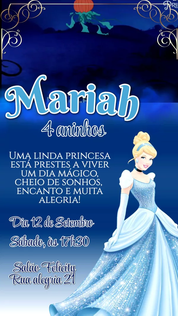 Convite Animado Aniversário Cinderela Azul Noite Para Editar Online