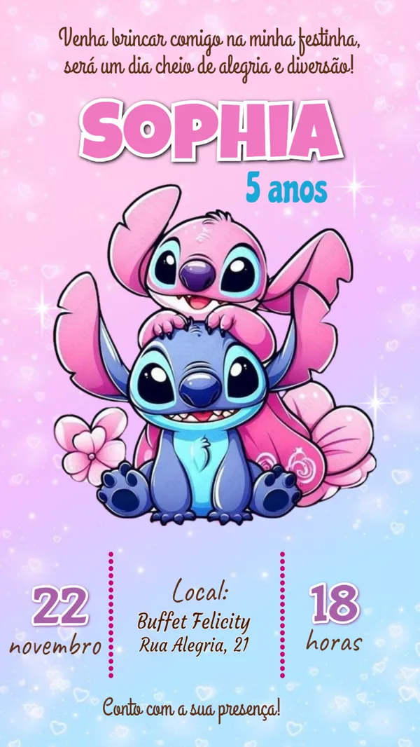 Convite Aniversário Stitch e Angel Rosa Para Editar Online