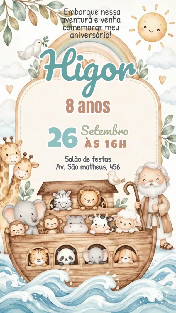 Convite Animado Aniversário Arca de Noé Para Editar Online