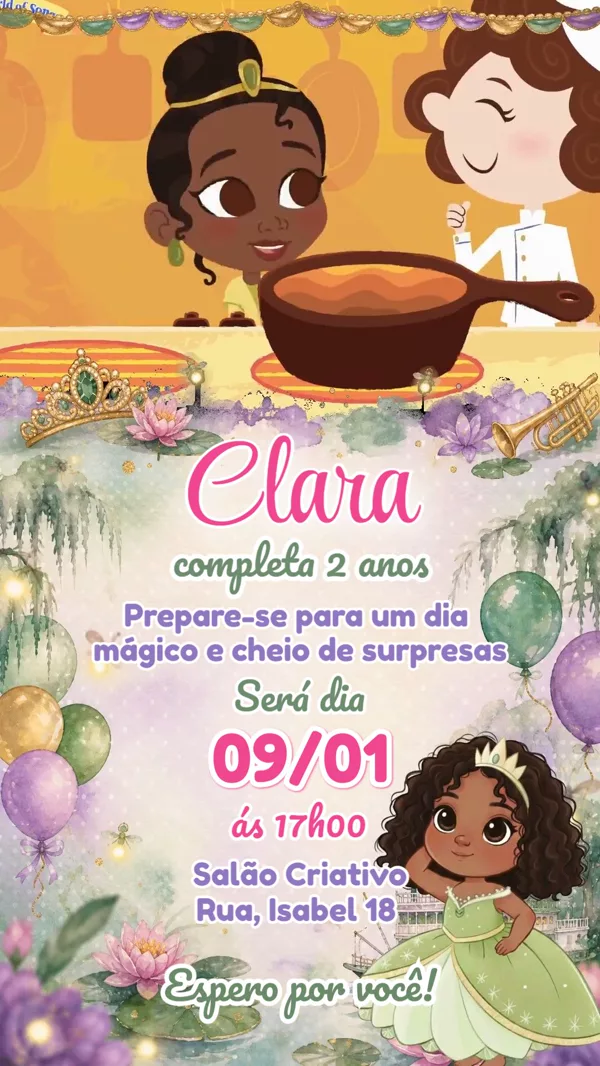 Convite Animado Aniversário Princesa Tiana Pântano Para Editar Online