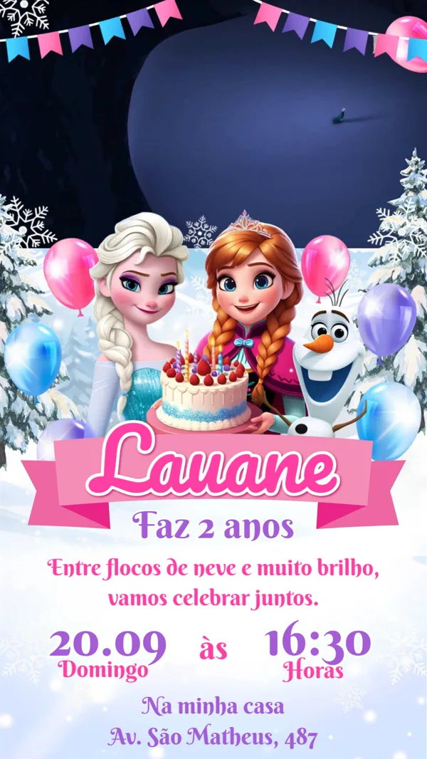 Convite Animado Aniversário Frozen Elsa e Anna Para Editar Online