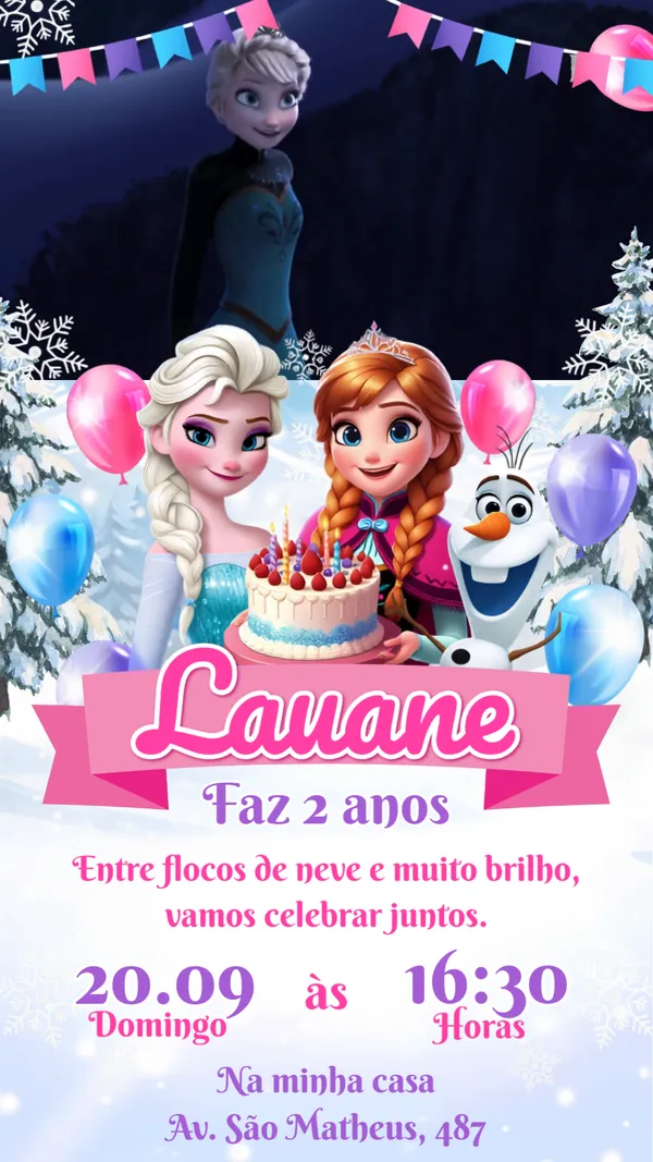 Convite Animado Aniversário Frozen Elsa e Anna Para Editar Online