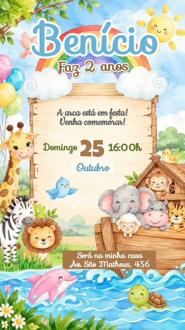 Convite Animado Aniversário Arca de Noé Para Editar Online
