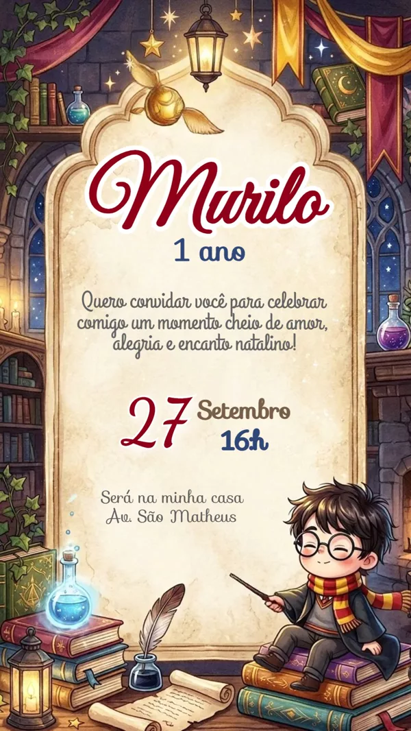 Convite Animado Aniversário Harry Potter Para Editar Online
