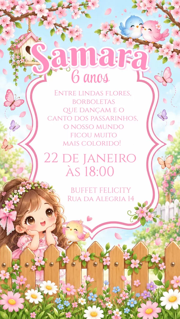Convite Aniversário Jardim Flores Borboletas Para Editar Online