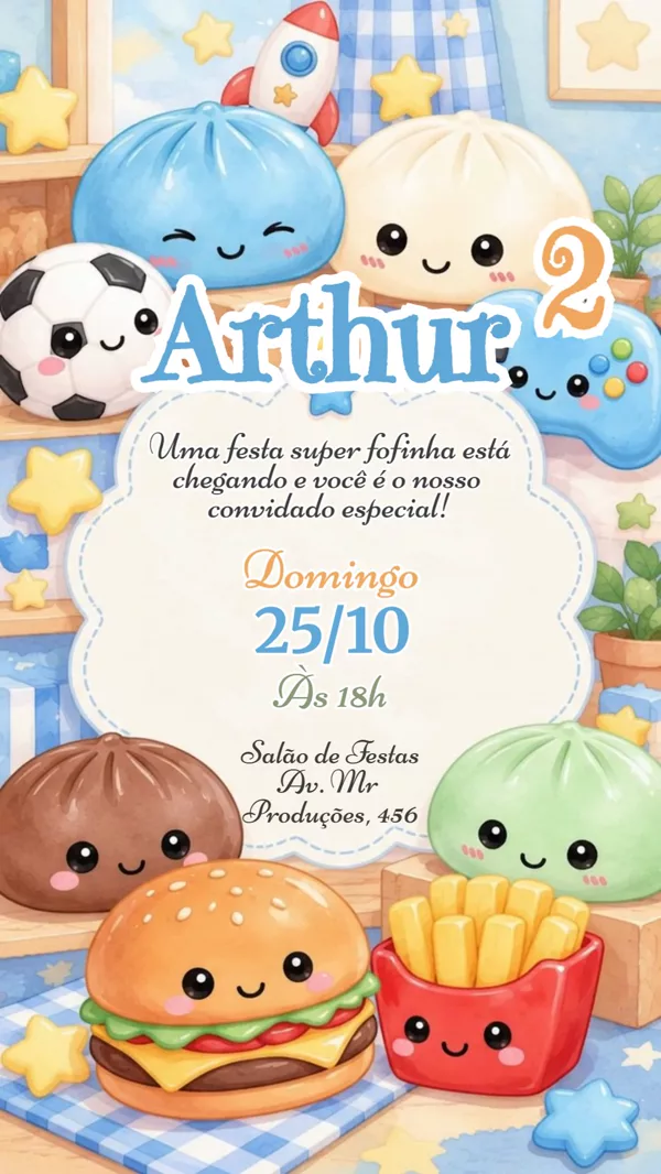 Convite Animado Aniversário Squishy Menino Para Editar Online