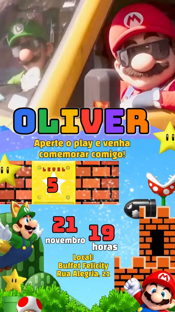 Convite Animado Aniversário Super Mario Level Para Editar Online