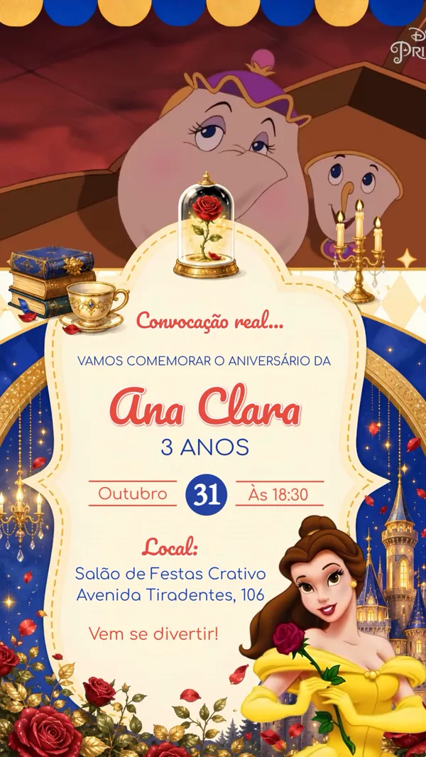 Convite Animado Aniversário Princesa Bela Para Editar Online