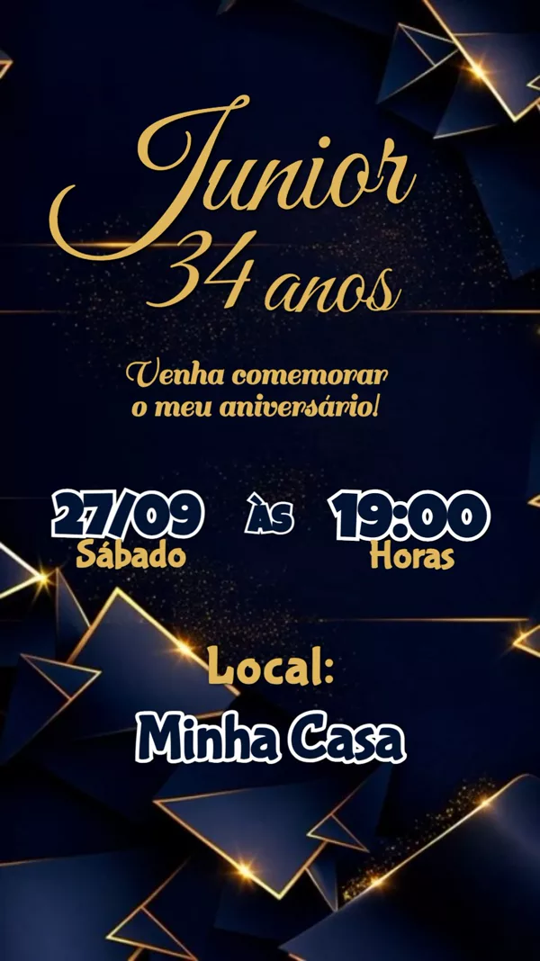 Convite Animado Aniversário Azul e Dourado Para Editar Online