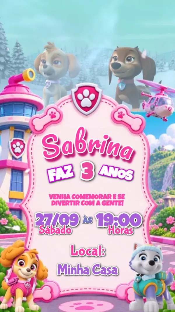 Convite Animado Aniversário Patrulha Canina Menina Para Editar Online