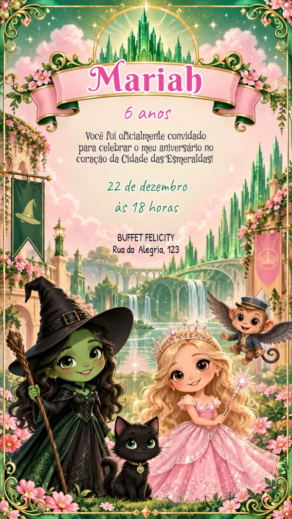 Convite Aniversário Wicked Cidade Esmeraldas Para Editar Online