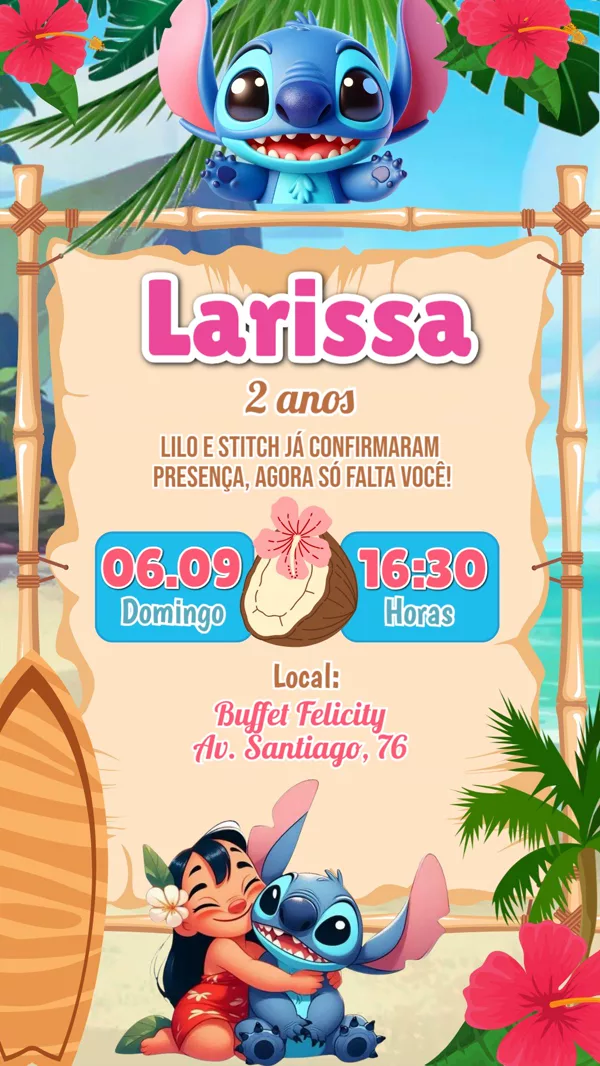 Convite Aniversário Lilo e Stitch Praia Para Editar Online