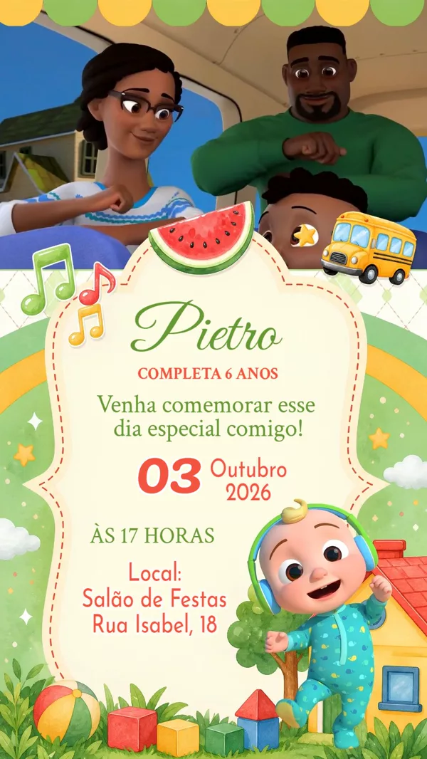 Convite Animado Aniversário Cocomelon Verde Para Editar Online