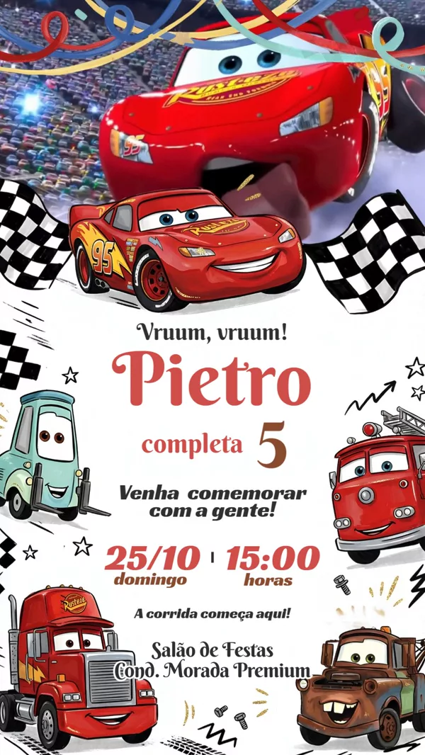 Convite Animado Aniversário Carros Mcqueen Para Editar Online
